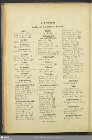 3. Abtheilung. Berufsklassen und Gewerbebetriebe : 3. Abtheilung. Handels- und Gewerbestand in Hilbersdorf