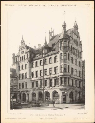 Wohn- und Kaufhaus, Nürnberg: Ansicht (aus: Blätter für Architektur und Kunsthandwerk, 13. Jg., 1900, Tafel 9)