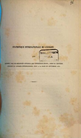 Statistique internationale de l'Europe: plan adopté par les délégués officiels des différents états, dans la septiéme session du Congrès International Tenu a la Haye en septembre 1869