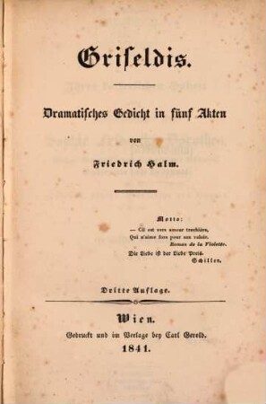 Griseldis : Dramatisches Gedicht in fun̈f Akten
