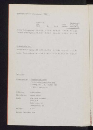 Semestertermine Wintersemester 1990/91
