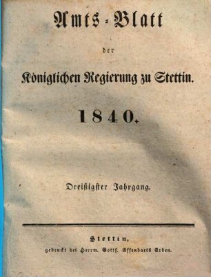 Amtsblatt der Regierung in Stettin. 1840 = Jg. 30
