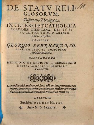 De Statv Religiosorvm Disputatio Theologica