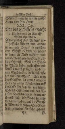 XXII. Cap. Von des Schiffers Macht zu straffen/und die Straff-Gelder abzufodern.