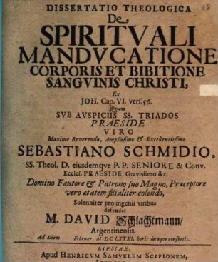 Diss. theol. de spirituali manducatione corporis et bibitione sanguinis