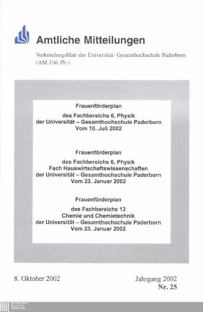 Frauenförderplan des Fachbereichs 6, Physik, der Universität-Gesamthochschule Paderborn : vom 10. Juli 2002