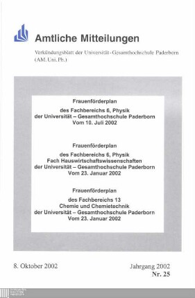 Frauenförderplan des Fachbereichs 6, Physik, der Universität-Gesamthochschule Paderborn : vom 10. Juli 2002