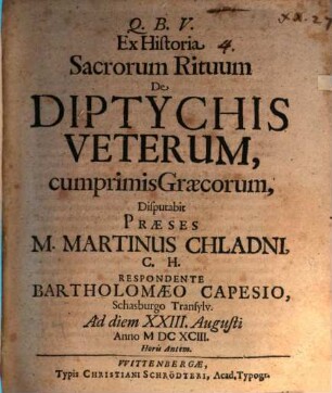 Ex historia sacrorum rituum, de diptychis Veterum, cumprimis Graecorum