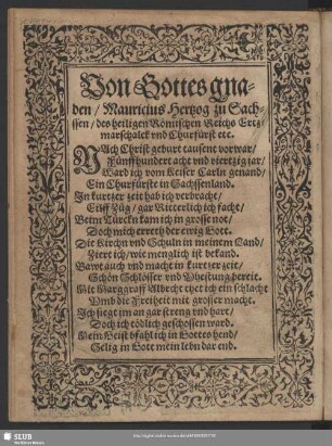 Von Gottes gnaden, Mauricius Hertzog zu Sachssen, des heiligen Römischen Reichs Ertzmarschalck und Churfürst ect.