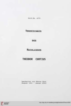 Verzeichnis des Nachlasses Theodor Curtius : Heid. Hs. 4070