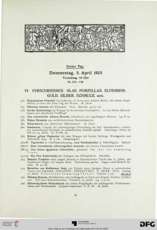 VI. Verschiedenes: Glas, Porzellan, Elfenbein, Gold, Silber, Schmuck usw. (Nr. 576-749)