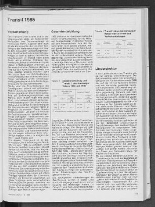 Seegüterumschlag und Transit des Hamburger Hafens 1984 und 1985