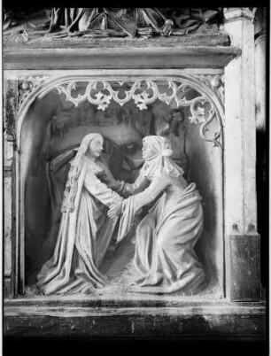Kirrlach Katholische Pfarrkirche Sankt Cornelius und Cyprian Schnitzaltar Die Heimsuchung (18. Jahrhundert)