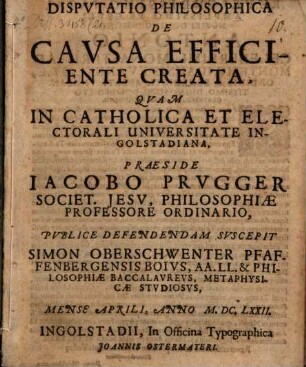 Dispvtatio Philosophica De Cavsa Efficiente Creata
