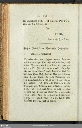Pastor Reinicke an Henriette Hohenstam