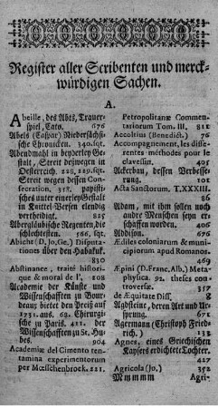 Register aller Scribenten und merckwürdigen Sachen.