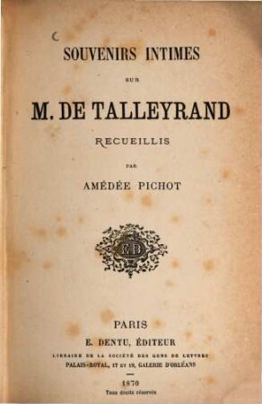 Souvenirs intimes sur M. de Talleyrand