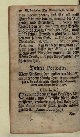 Dritter Periodus. Vom Anfang der anderten Monarchi unter dem Koenig Cyro Anno mundi 3421 bis auf die dritte Griechische Monarchi unter dem Alexandro M. 3630