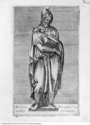 Antiquarum statuarum urbis Romae, quae in publicis privatisque locis visuntur, icones. Romae. Ex typis Laurentii Vaccarii... MDLXXXIIII., Tafel [51]: Parthorum Rex captivis Romae in aedibus Farnesianis (nach der Antike)