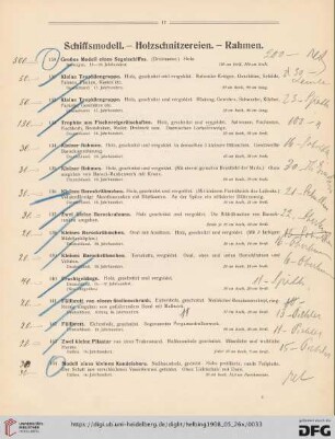 Schiffsmodell. – Holzschnitzereien. – Rahmen. (Nr. 130-144)