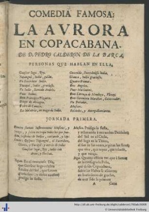 Comedia Famosa. La Aurora En Copacabana.