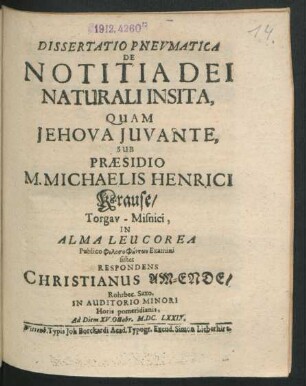 Dissertatio Pneumatica De Notitia Dei Naturali Insita