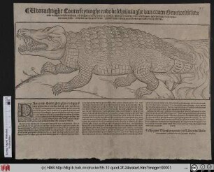 Vvarachtighe Conterfeytinghe ende beschrijuinghe van eenen Grouwelijcken ende verschrickelicken Worm/ en[n] is ghemoemt op Latijn Crocodilo/ ende op Duptsch/ eenen Lindtworm/ ende heeft uijn epghendom int water Nilo ...