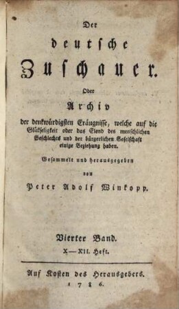 Der deutsche Zuschauer. 4. 1786 = H. 10 - 12