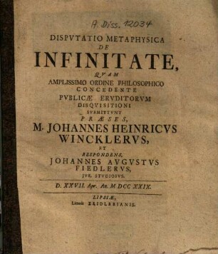 Disputatio Metaphysica De Infinitate