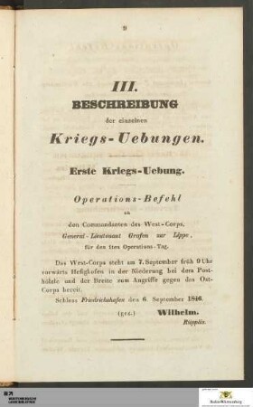 III. Beschreibung der einzelnen Kriegs-Uebungen