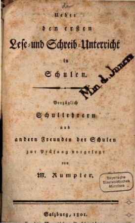 Über den ersten Lese- und Schreib-Unterricht in Schulen