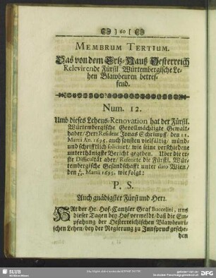 Membrum Tertium. Das von dem Ertz-Hauß Oesterreich Relevirende Fürstl. Würtembergische Lehen Blawbeuren betreffend