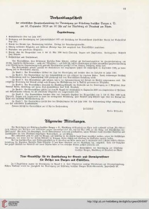 Verhandlungsschrift der ordentlichen Hauptversammlung der Vereinigung zur Erhaltung deutscher Burgen e. V. am 18. September 1938 um 10 Uhr auf der Marksburg ob Braubach am Rhein