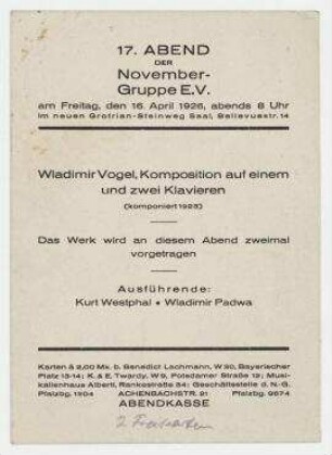 17. Abend der Novembergruppe. Berlin. Programm des 17. Abends der Novembergruppe, 16. April 1926.