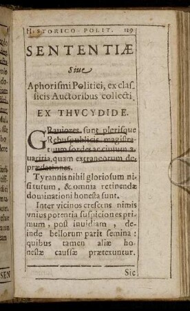 Sententiae Sive Aphorismi Politici, ex classicis Auctoribus collecti