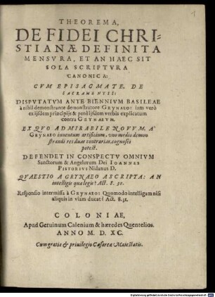 Theorema de fidei christianae definita mensura, et an haec sit sola scriptura canonica : cum episagmate, de sacramentis