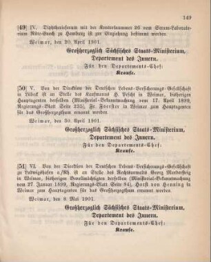 50. Ministerial-bekanntmachung, betreffend Wechsel in der Hauptagentur der Deutschen Lebens-Versicherungs-Gesellschaft in Lübeck