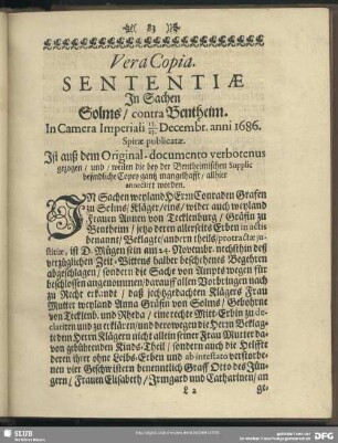 Vera Copia. Sententiae In Sachen Solm, contra Bentheim