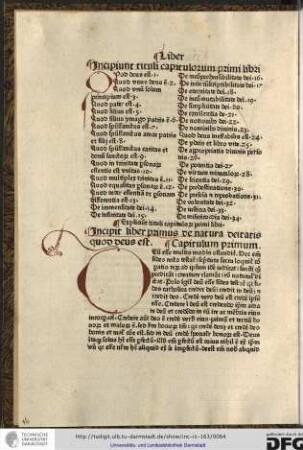 Incipit liber primus de natura deitatis quod deus est. Capitulum primum.