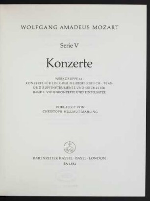 Ser. 5, Werkgruppe 14, Bd. 1: Violinkonzerte und Einzelsätze