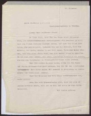 Schreiben an Prof. Gross, Kunstgewerbeschule Dresden (Brief)