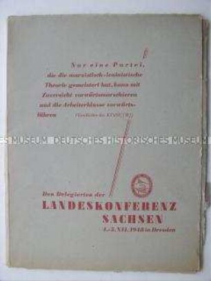 Delegiertenmappe mit Konferenzunterlagen der Landeskonferenz der SED in Sachsen 1948