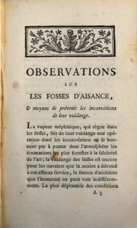 Observations sur les fosses d'aisance, & moyens de prévenir les inconvéniens de leur vuidange
