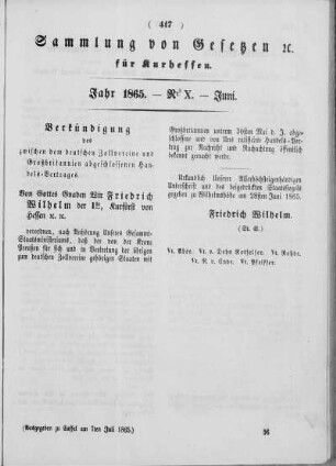 Sammlung von Gesetzen für Kurhessen. Jahr 1865. - Nr. X. Juni.