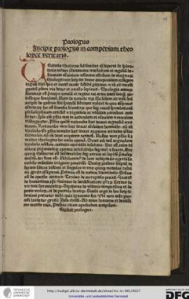 Incipit prologus in compendium theoloyce veritatis.