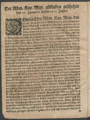 Der Röm. Kay. May. abbleiben geschehen den 20. Januarii. dieses 1612. Jahrs.