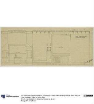 Darmstadt, Wohnhaus Christiansen, Herrenzimmer, Aufrisse der Süd -und Westwand