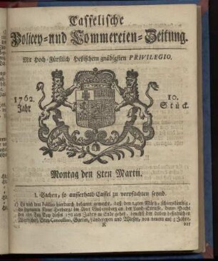 10. Stueck, Montag den 8ten Martii 1762