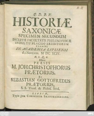 Historiae Saxonicae Specimen Secundum