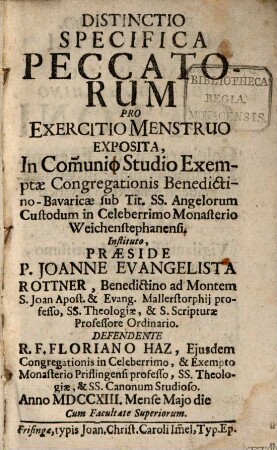 Distinctio specifica peccatorum pro exercitio menstruo exposita